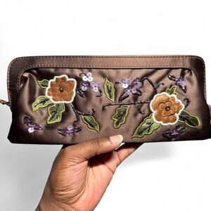Brown and purple floral embroidered clutch
